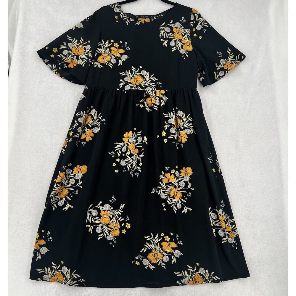 ZARA Floral Lace Up Back Babydoll Midi Stretch Dress Short Sleeve L Black Orange